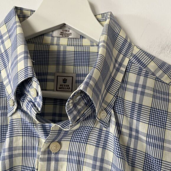Peter Millar Mens Long Sleeve Blue Yellow Plaid Button Down Shirt Size Large - Picture 2 of 15